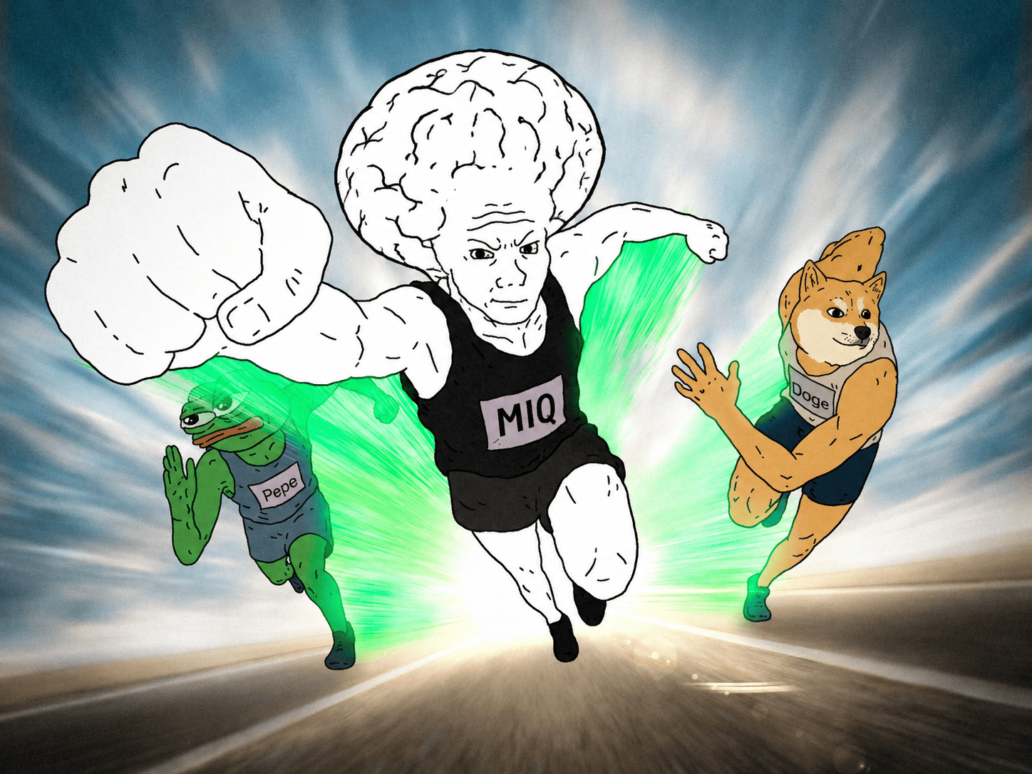 MIQ brain wojak racing past pepe and doge