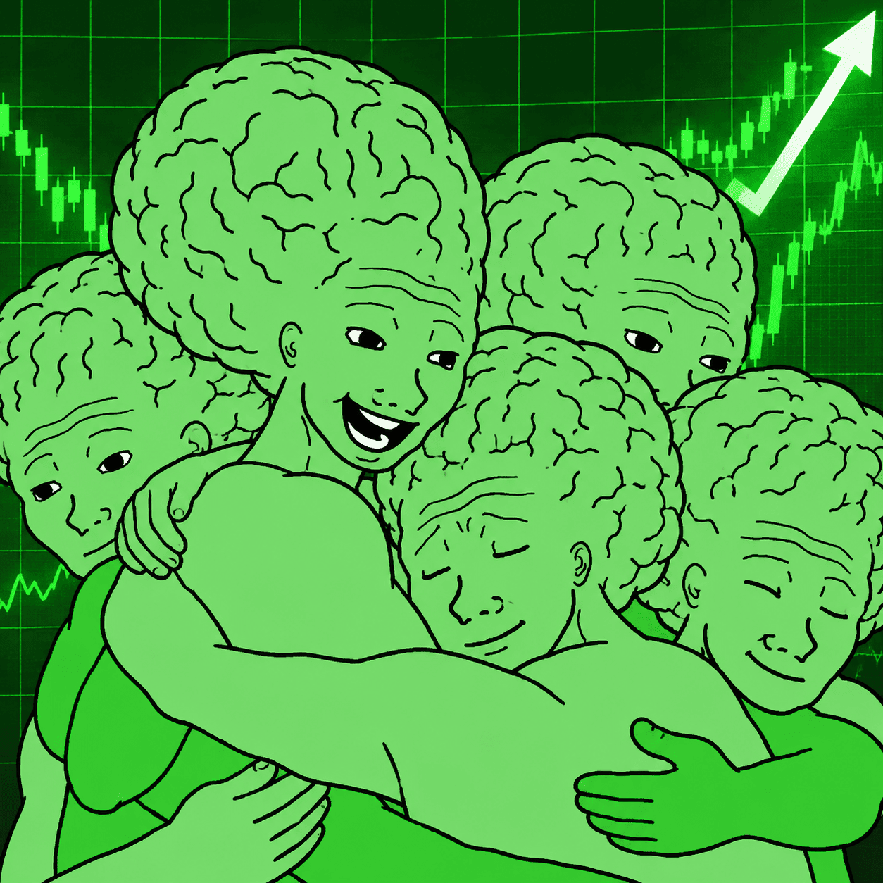 green brain wojaks hugging on a chart going up