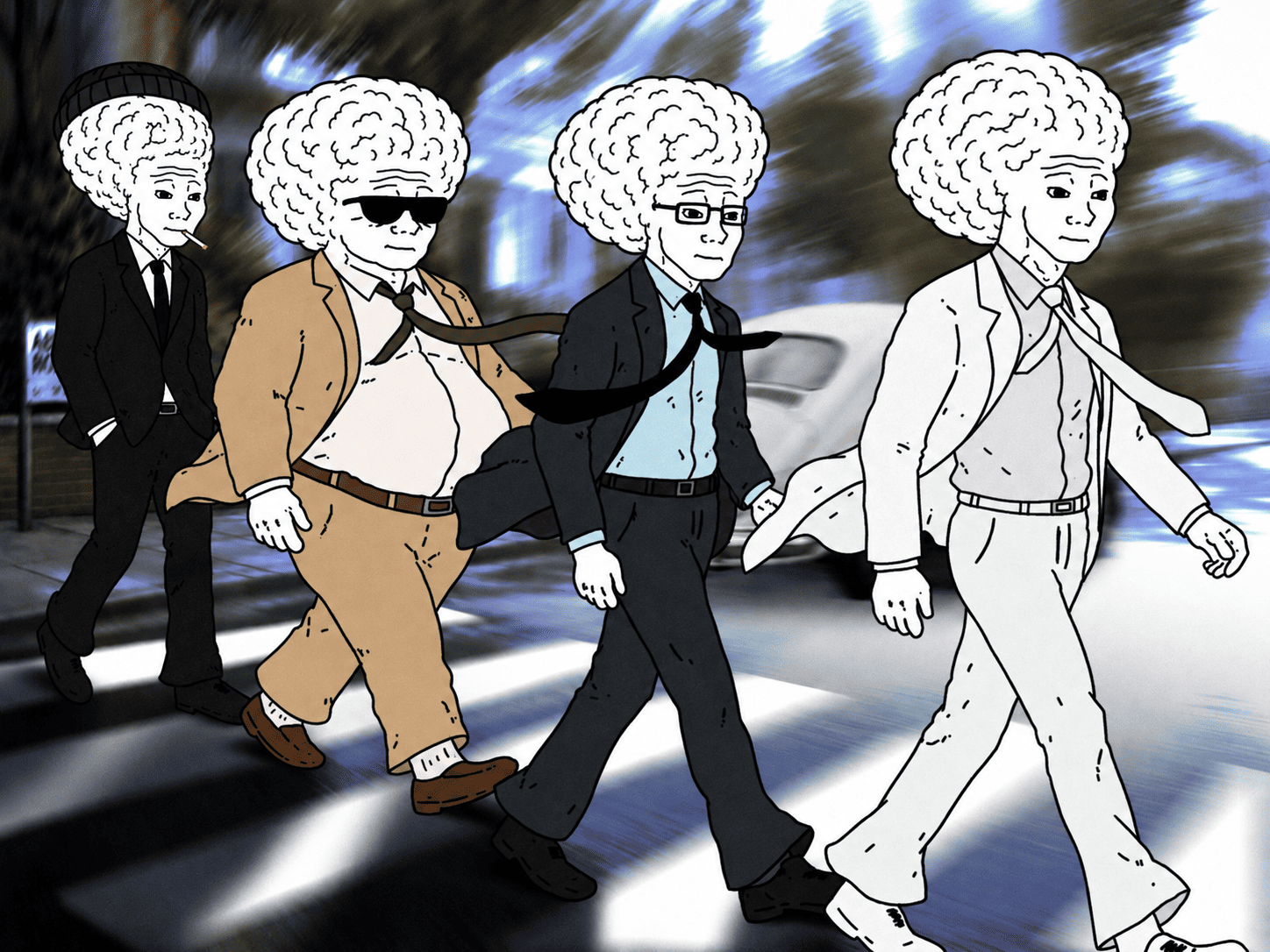 four brain wojaks walking abbey road