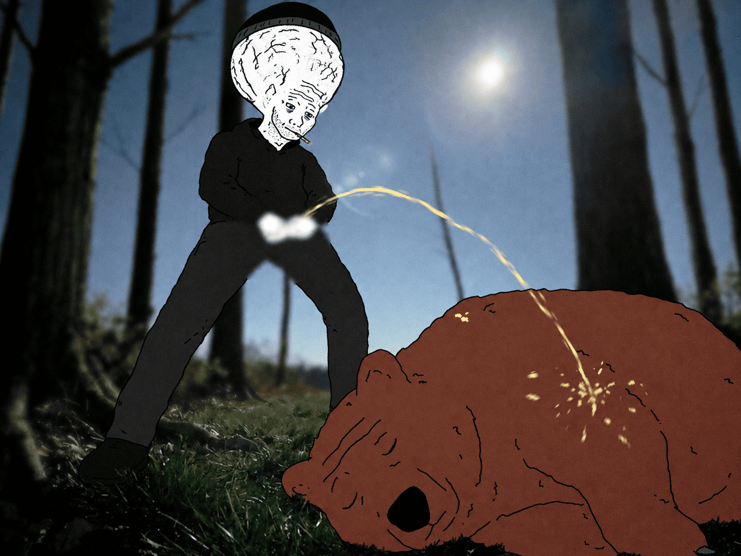 brain wojak pissing on a sleeping bear