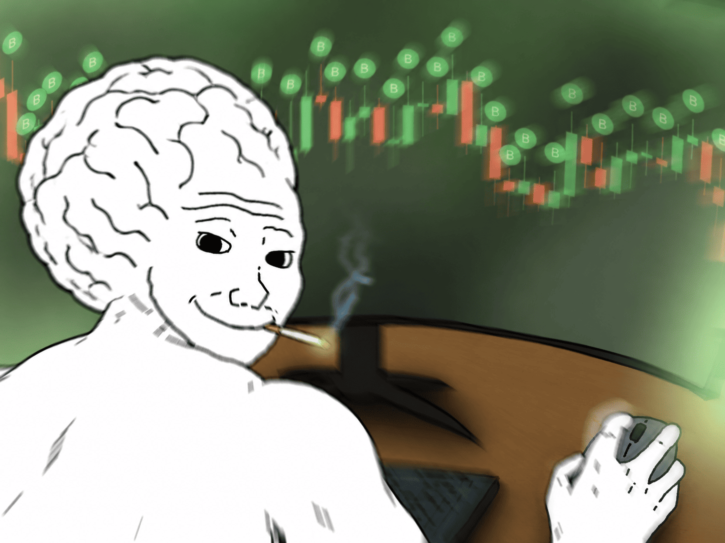 brain wojak smoking at the charts