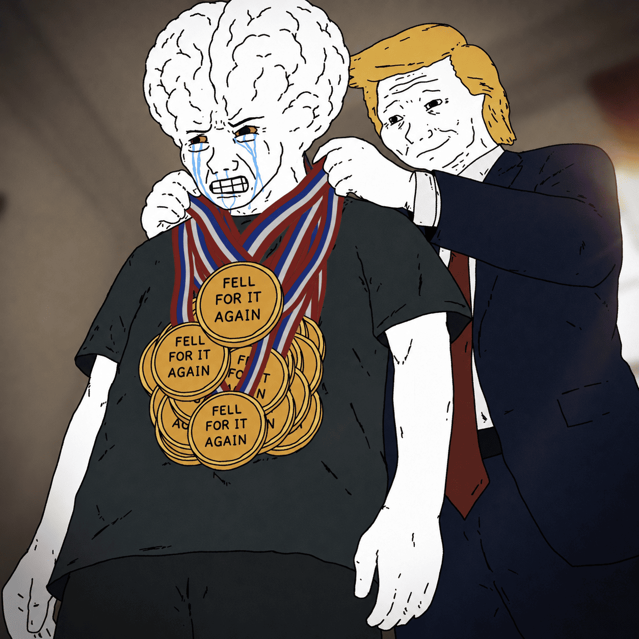 brain wojak getting fell for it again medals