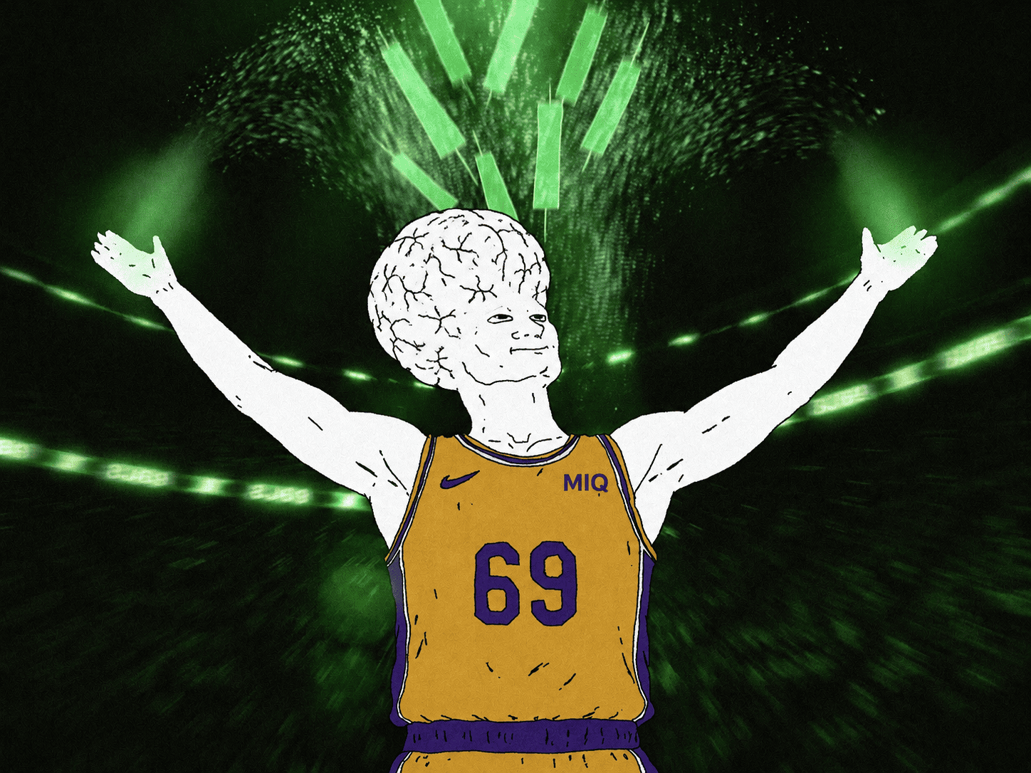 brain wojak in an MIQ 69 jersey under green candles