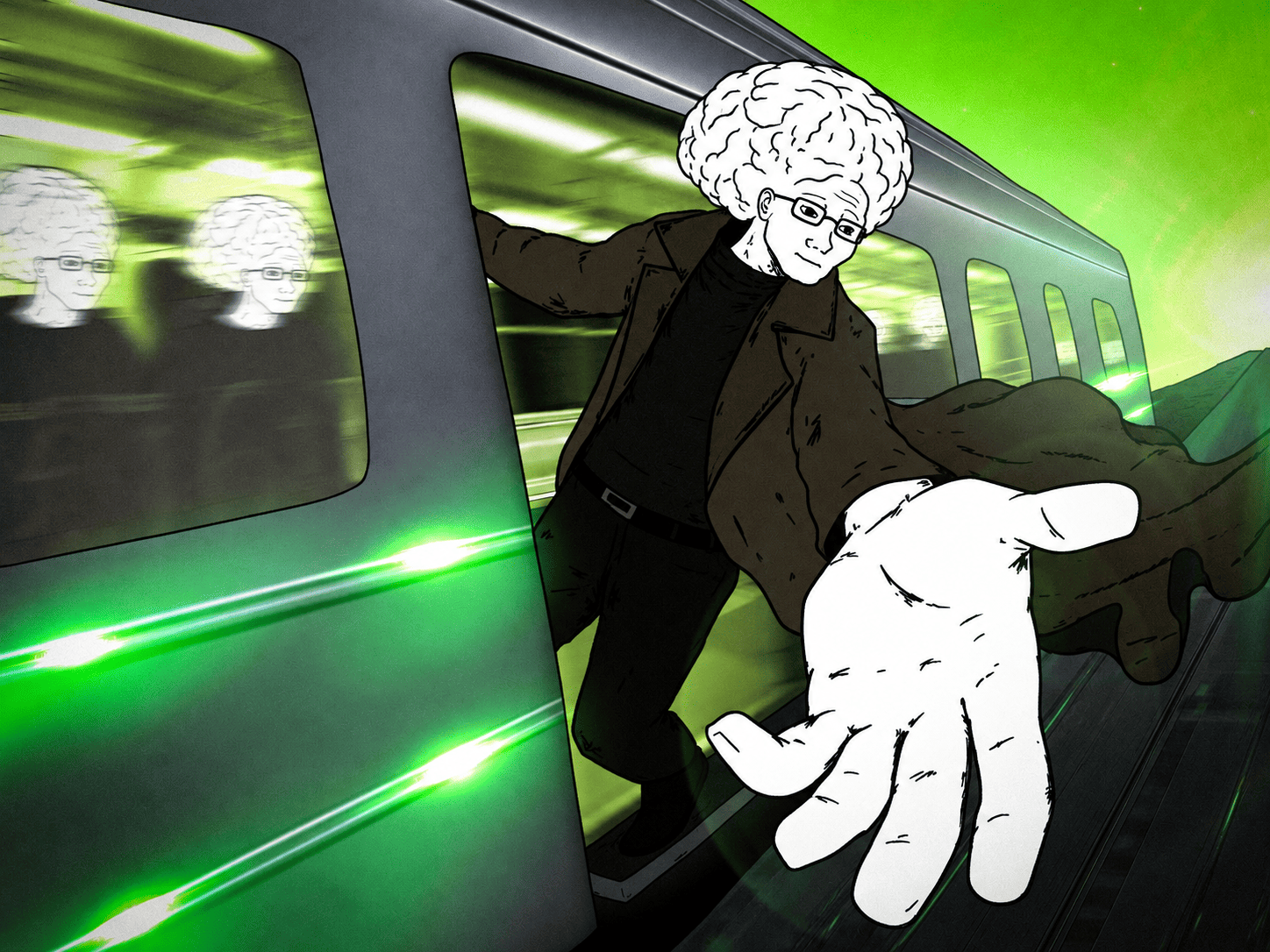 brain wojak reaching from a moving train
