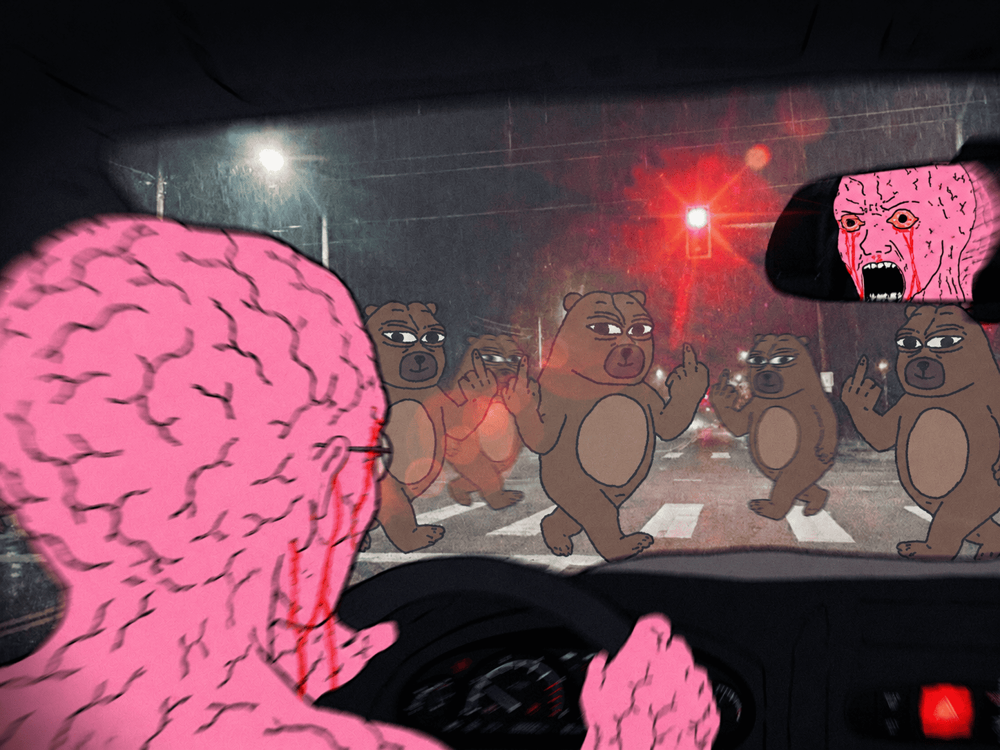 pink brain wojak stuck at a red light with bears