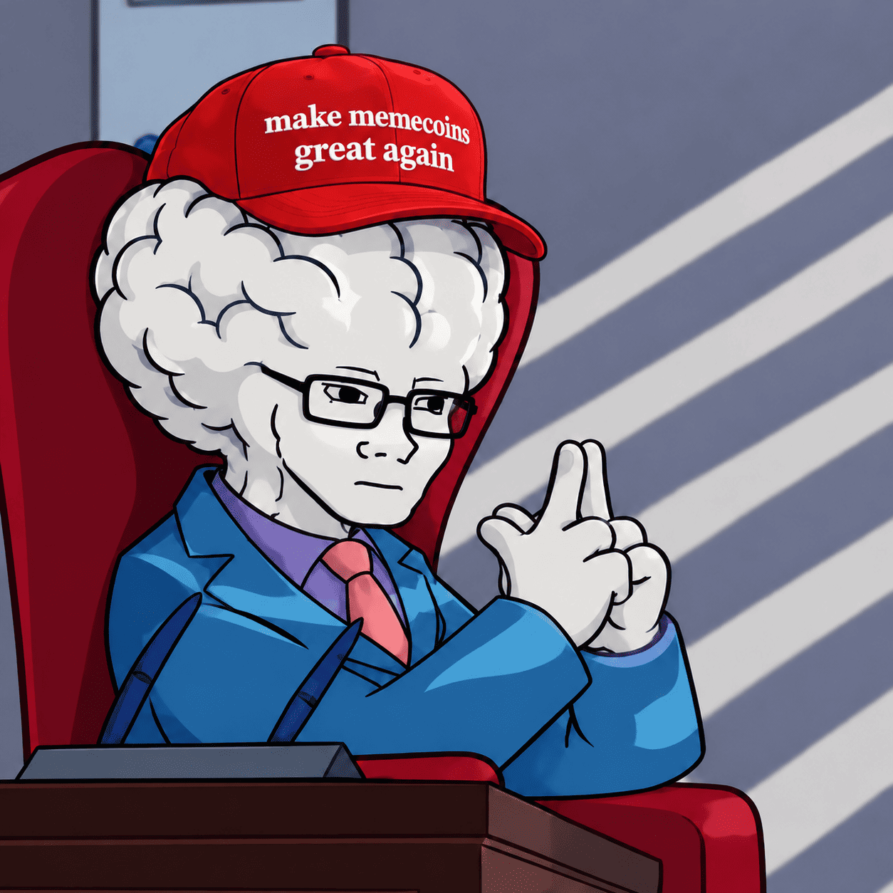 brain wojak in a make memecoins great again hat
